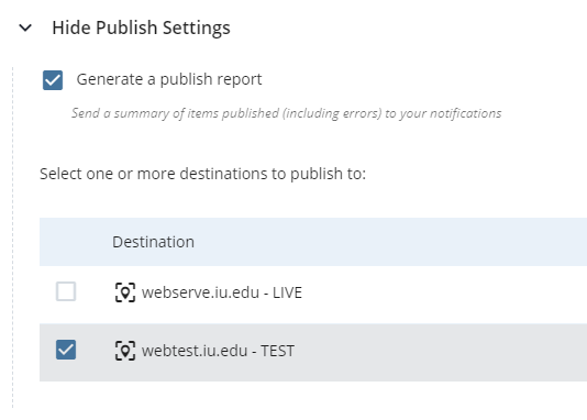 Publish settings screenshot