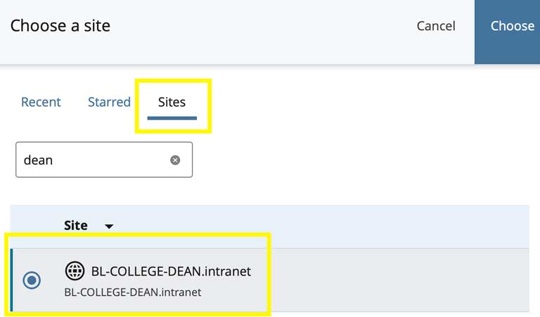 Screenshot select default site
