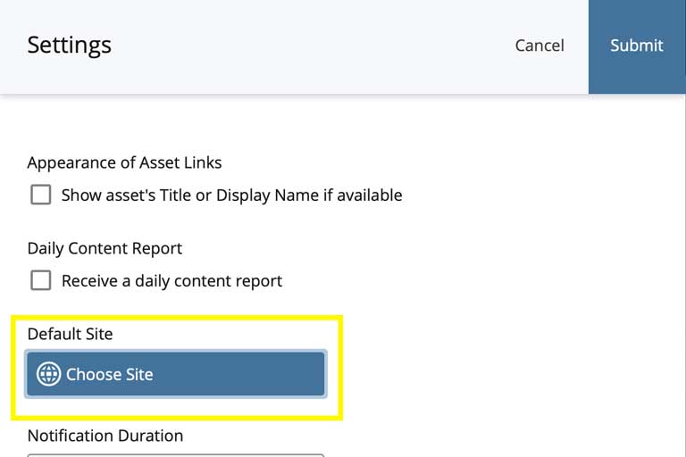 Screenshot set default site