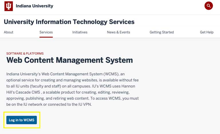 Screenshot of WCMS sign in page